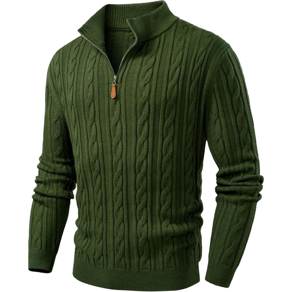 imageJMIERR Mens Quarter Zip Pullover Sweater Cable Knit Casual Stand Collar Texture Knitted SweatersGreen