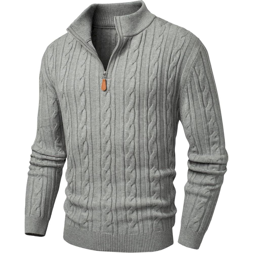 imageJMIERR Mens Quarter Zip Pullover Sweater Cable Knit Casual Stand Collar Texture Knitted SweatersGrey