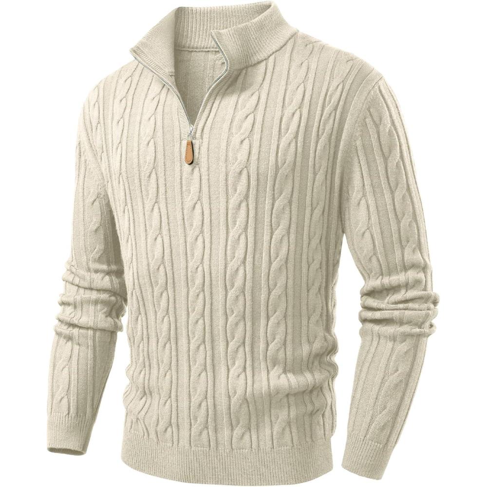 imageJMIERR Mens Quarter Zip Pullover Sweater Cable Knit Casual Stand Collar Texture Knitted SweatersLight Beige