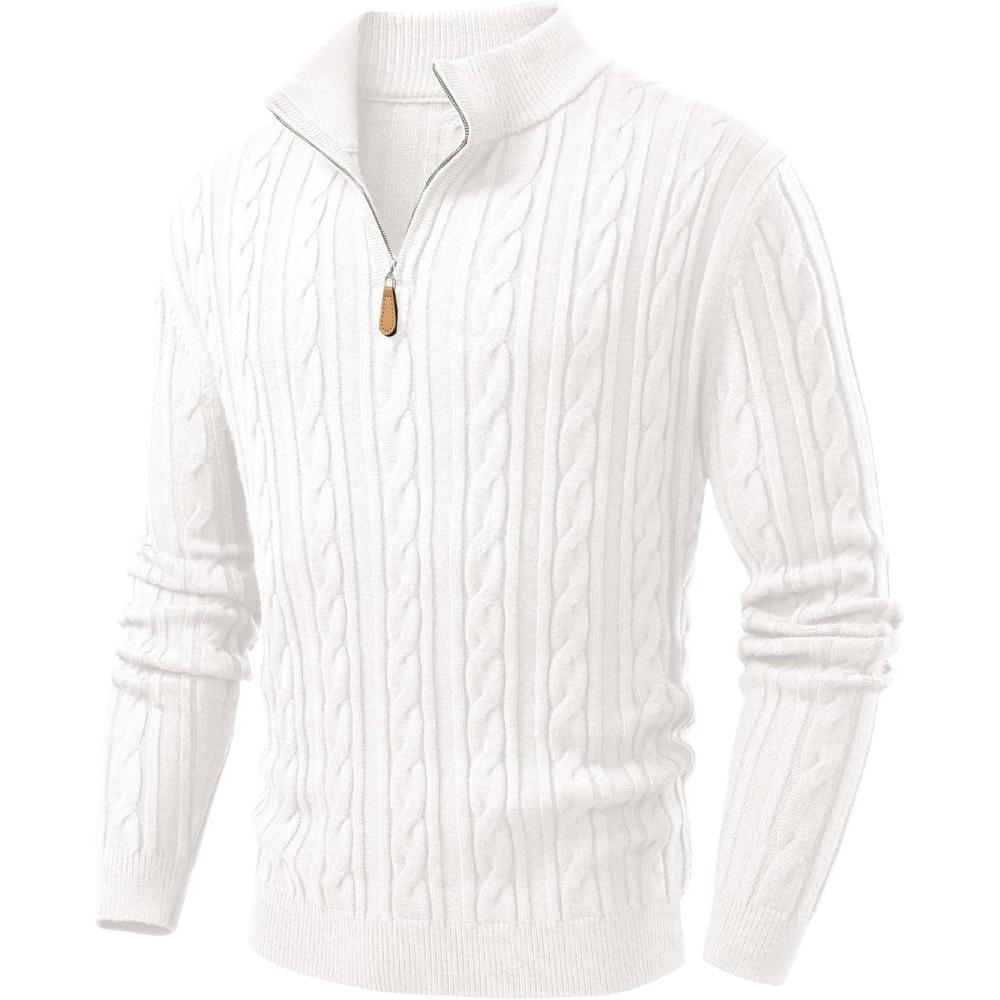 imageJMIERR Mens Quarter Zip Pullover Sweater Cable Knit Casual Stand Collar Texture Knitted SweatersWhite