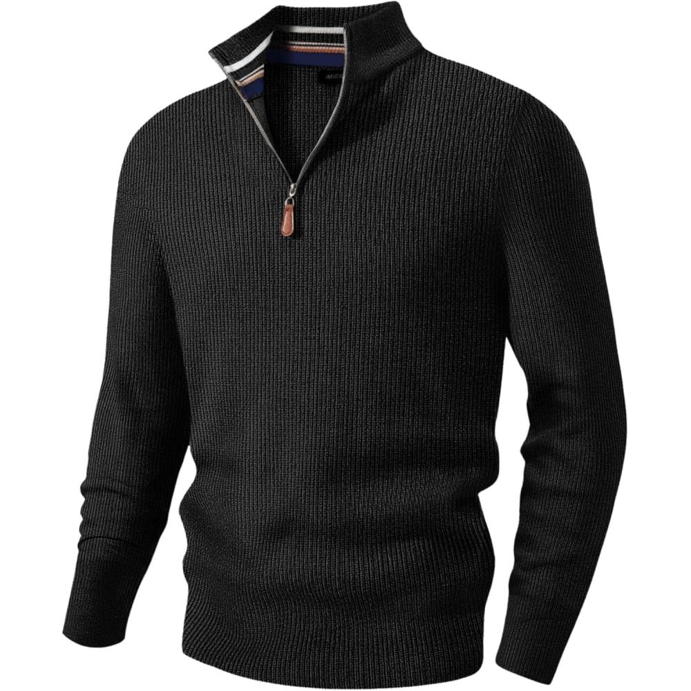 imageJMIERR Mens Quarter Zip Pullover Sweaters Casual Long Sleeve Fall Knit Texture SweaterBlack