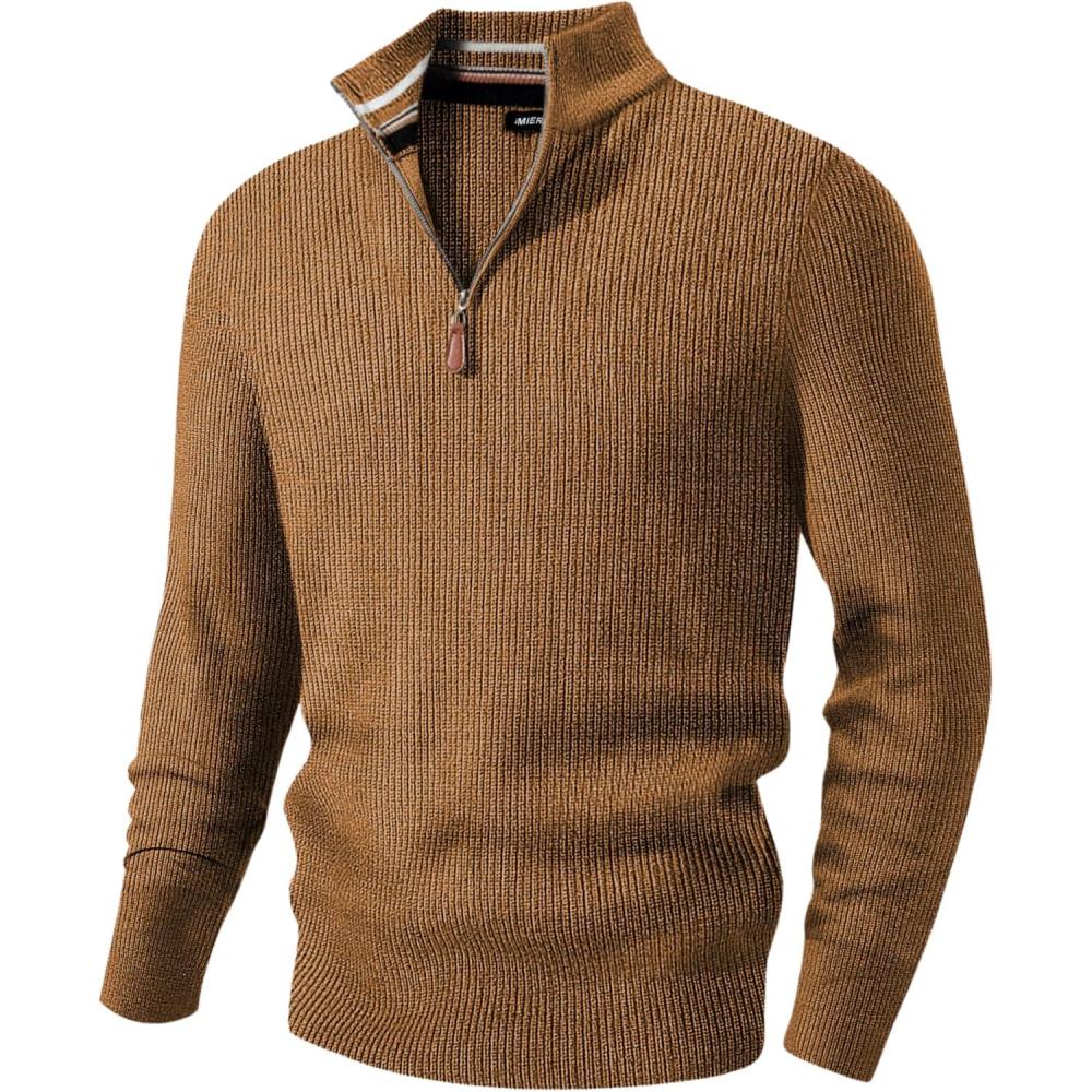 imageJMIERR Mens Quarter Zip Pullover Sweaters Casual Long Sleeve Fall Knit Texture SweaterBrown