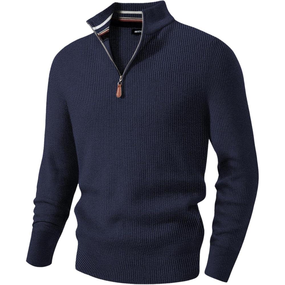 imageJMIERR Mens Quarter Zip Pullover Sweaters Casual Long Sleeve Fall Knit Texture SweaterNavy Blue