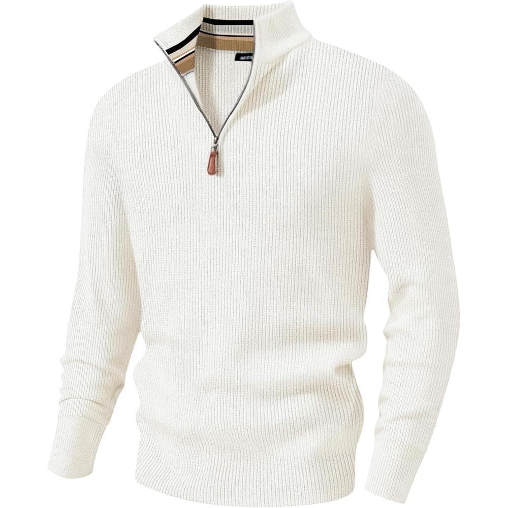 imageJMIERR Mens Quarter Zip Pullover Sweaters Casual Long Sleeve Fall Knit Texture SweaterWhite
