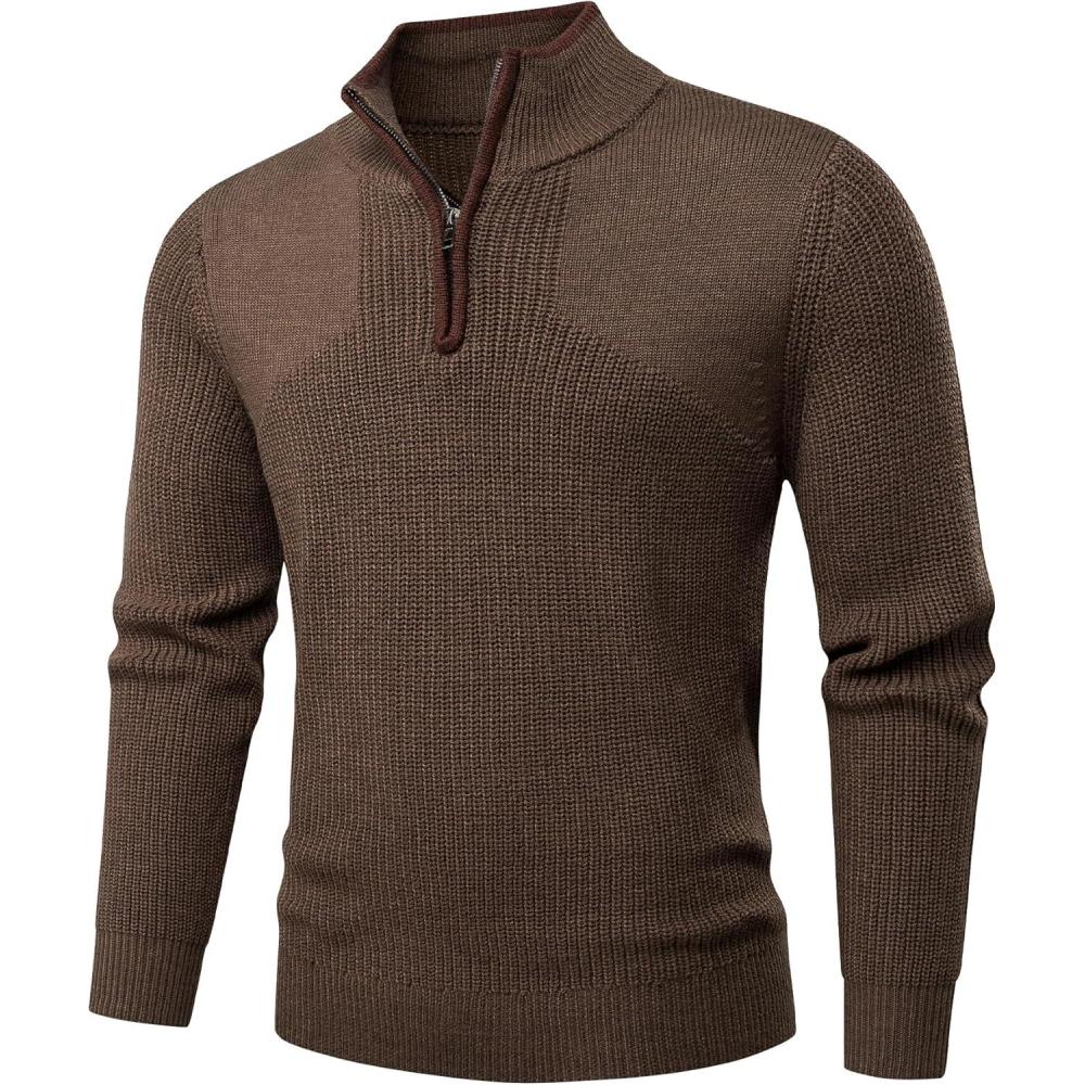 imageJMIERR Mens Quarter Zip Sweater Lightweight Mock Neck Casual Long Sleeve Knitted Solid Pullover SweatersA3 Brown