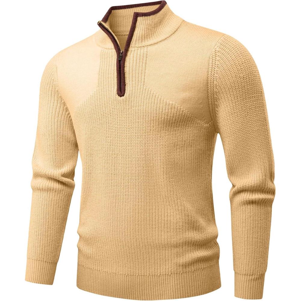 imageJMIERR Mens Quarter Zip Sweater Lightweight Mock Neck Casual Long Sleeve Knitted Solid Pullover SweatersA4 Khaki