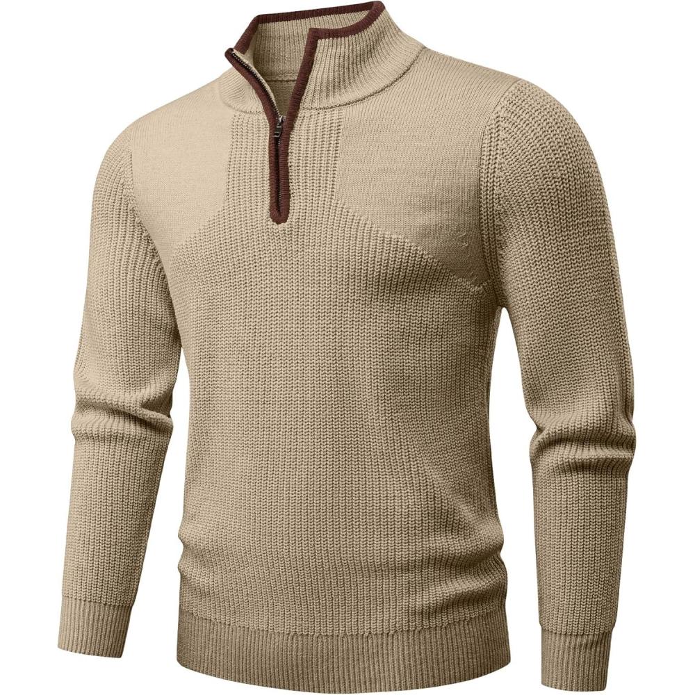 imageJMIERR Mens Quarter Zip Sweater Lightweight Mock Neck Casual Long Sleeve Knitted Solid Pullover SweatersA5 Shallow Khaki