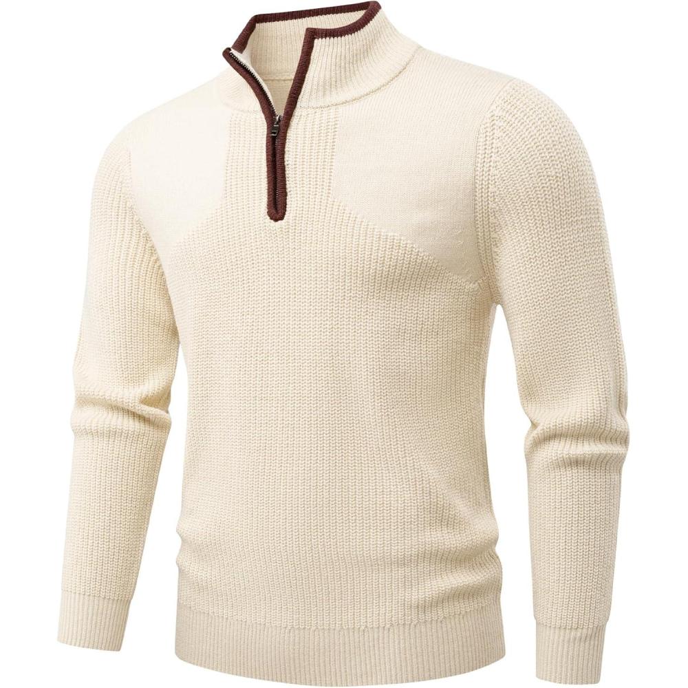 imageJMIERR Mens Quarter Zip Sweater Lightweight Mock Neck Casual Long Sleeve Knitted Solid Pullover SweatersA9 Bright White