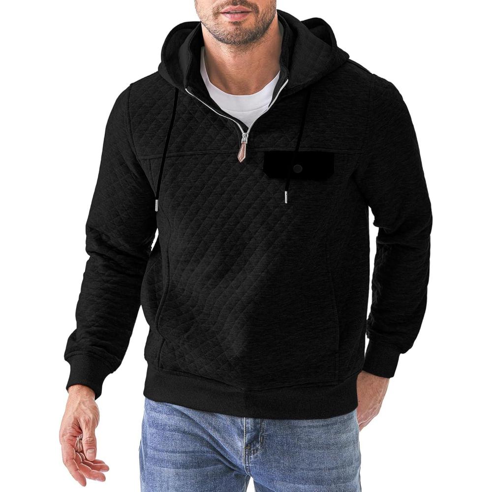 imageJMIERR Mens Quilted Hoodies Casual Long Sleeve QuarterZip Pullover Sweatshirt with PocketsBlack