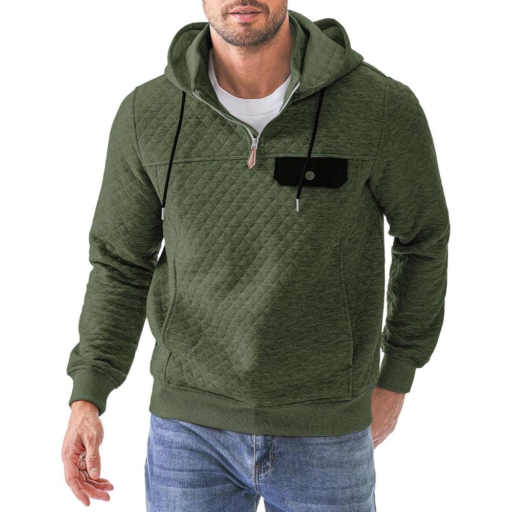 imageJMIERR Mens Quilted Hoodies Casual Long Sleeve QuarterZip Pullover Sweatshirt with PocketsZ Green