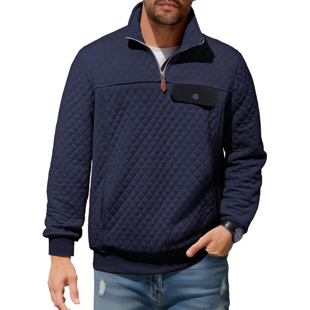 imageJMIERR Mens Quilted Sweatshirt Casual Long Sleeve Outdoor Stand Collar QuarterZip Pullover SweatshirtsA Navy Blue
