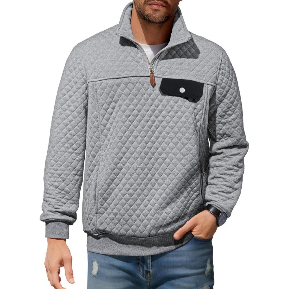 imageJMIERR Mens Quilted Sweatshirt Casual Long Sleeve Outdoor Stand Collar QuarterZip Pullover SweatshirtsLight Grey
