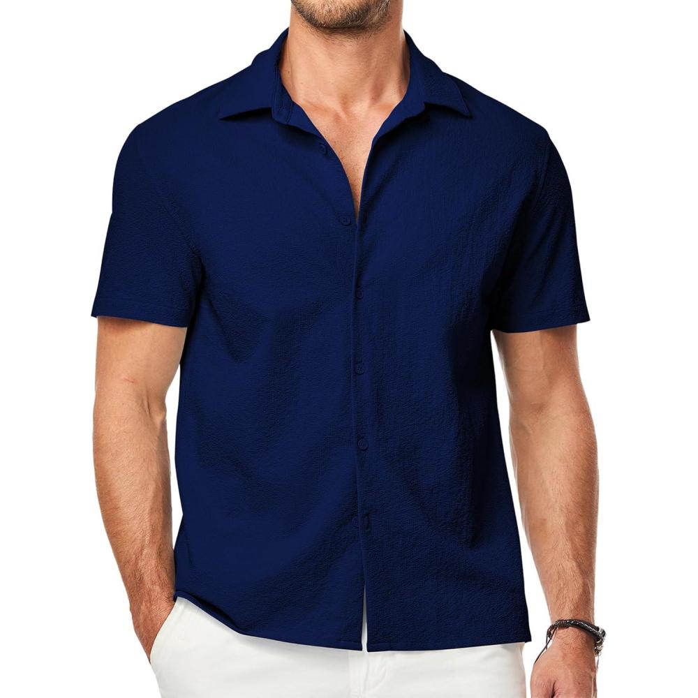 imageJMIERR Mens Seersucker Shirts Short Sleeve Casual Button Down Shirt Beach Summer Vacation Wedding TopsNavy Blue