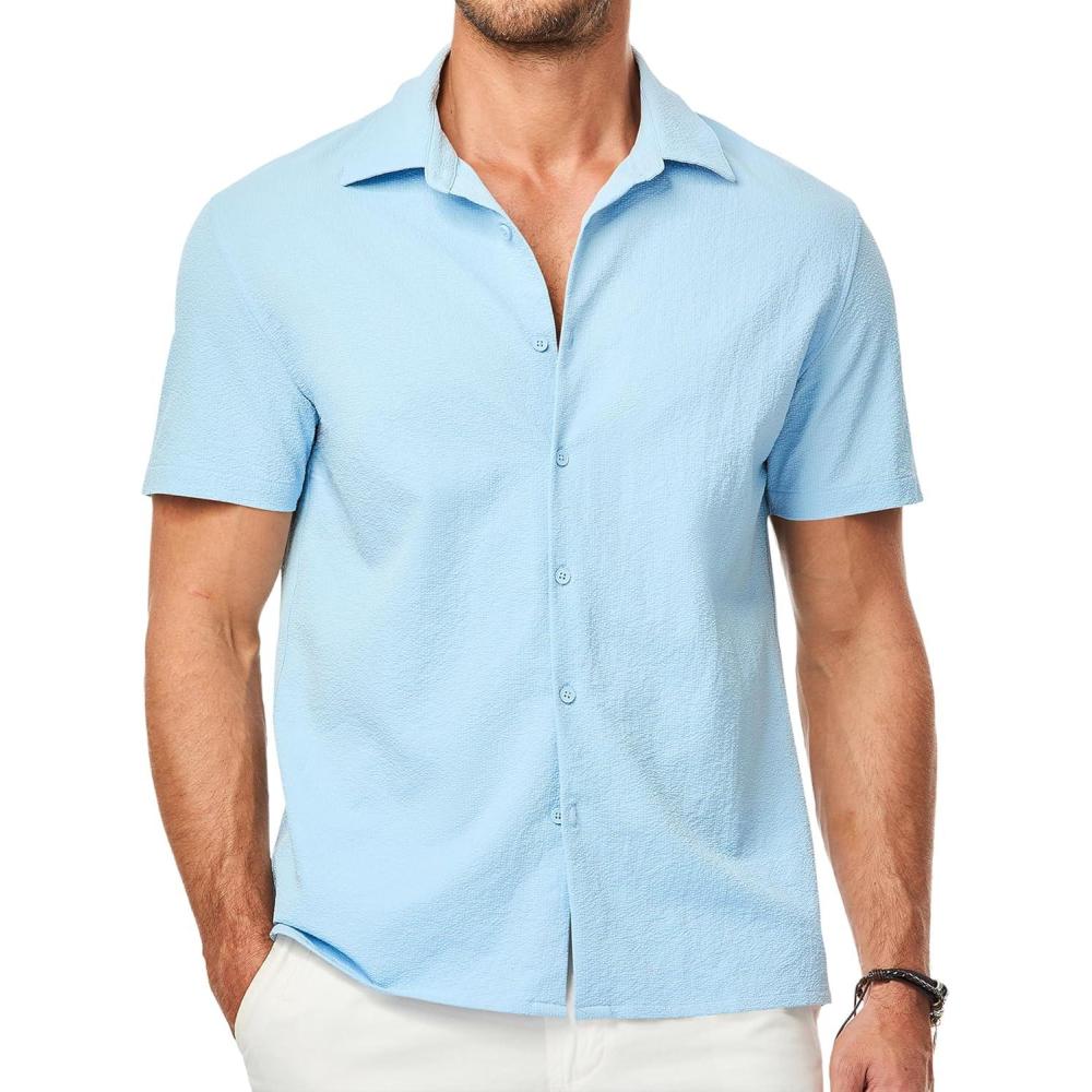 imageJMIERR Mens Seersucker Shirts Short Sleeve Casual Button Down Shirt Beach Summer Vacation Wedding TopsSky Blue