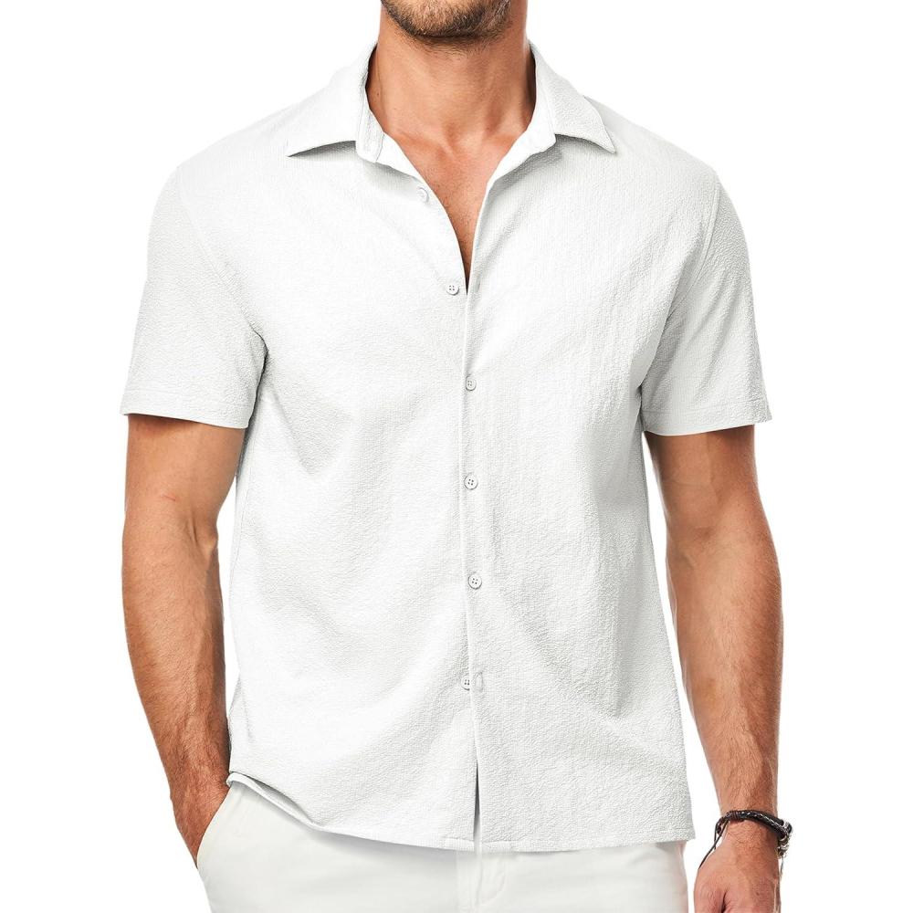 imageJMIERR Mens Seersucker Shirts Short Sleeve Casual Button Down Shirt Beach Summer Vacation Wedding TopsWhite