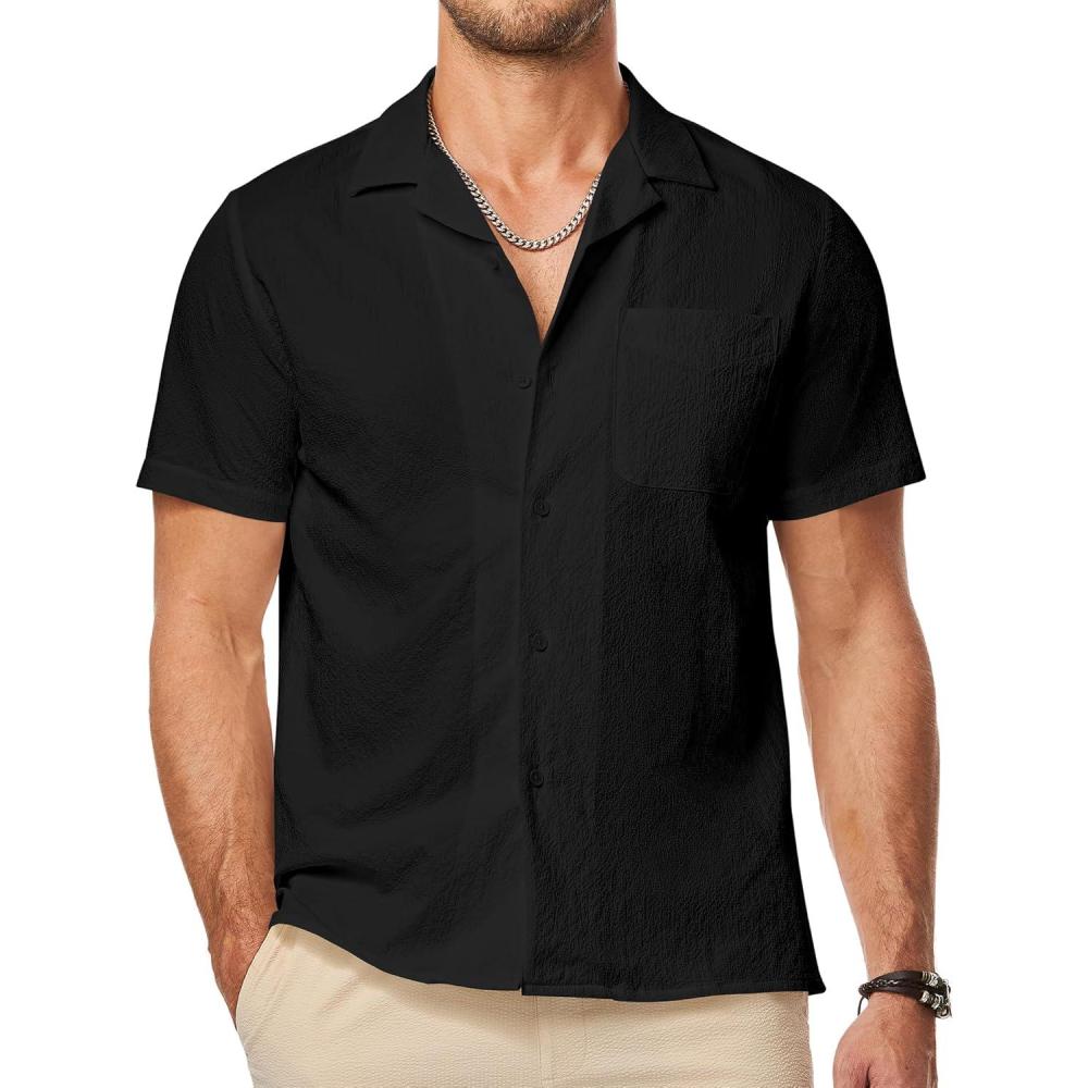 imageJMIERR Mens Seersucker Shirts Short Sleeve Casual Shirts Button Down Shirt Beach Summer Vacation Wedding ShirtBlack