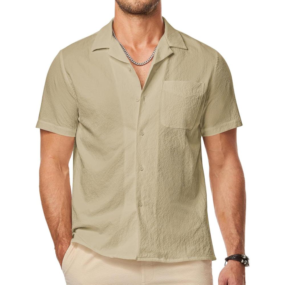 imageJMIERR Mens Seersucker Shirts Short Sleeve Casual Shirts Button Down Shirt Beach Summer Vacation Wedding ShirtLight Khaki