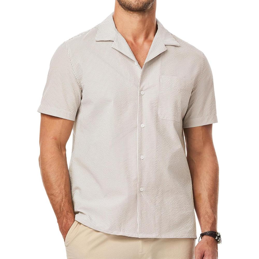 imageJMIERR Mens Seersucker Shirts Short Sleeve Casual Shirts Button Down Shirt Beach Summer Vacation Wedding ShirtStripedkhaki