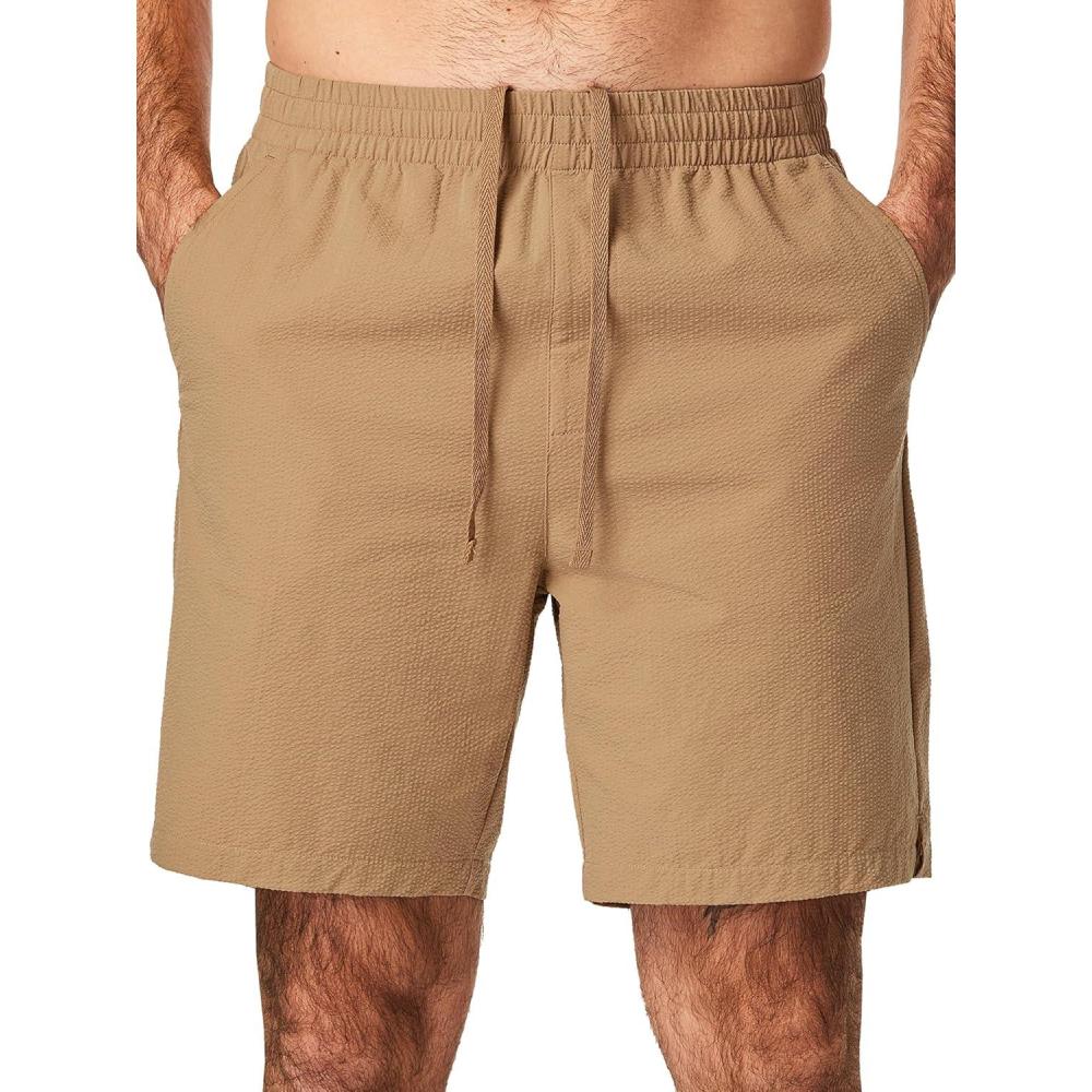 imageJMIERR Mens Seersucker Shorts Casual Stretch Elastic Waist Drawstring Summer Beach Short 7 inch Inseam with PocketsCamel
