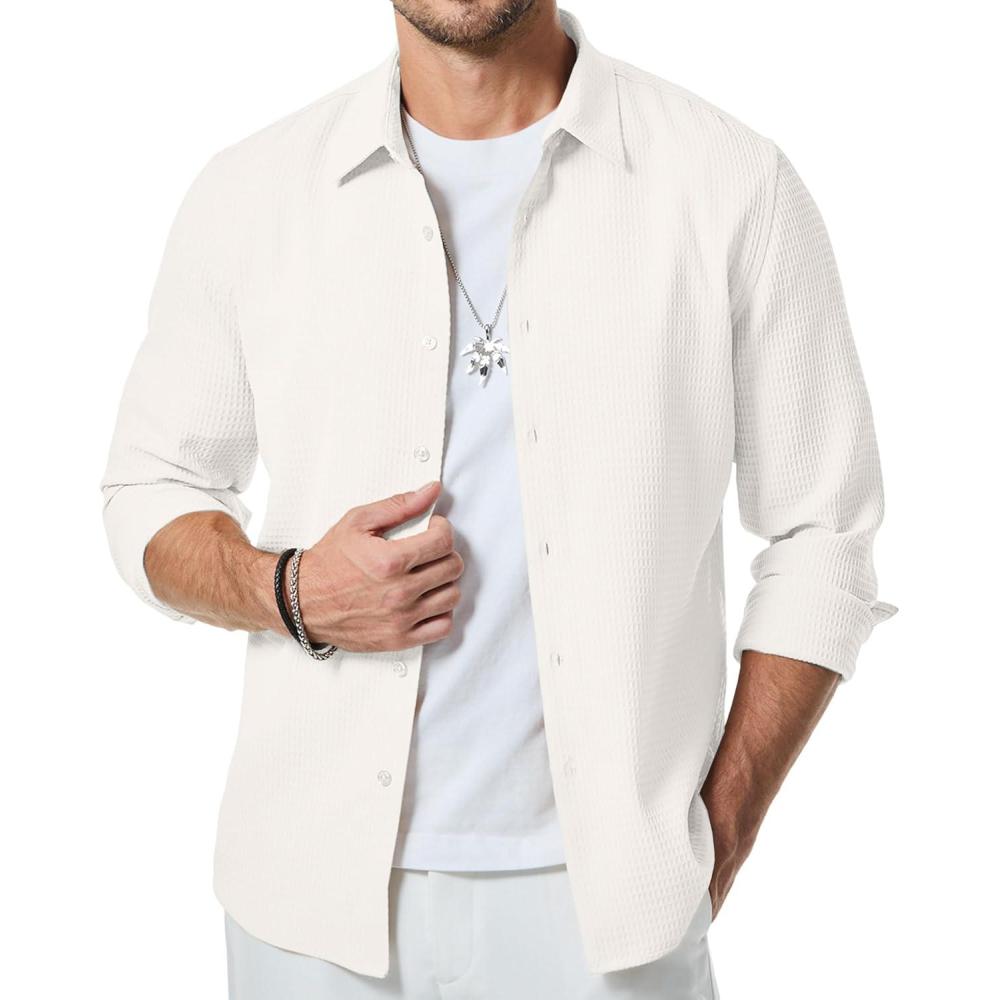 imageJMIERR Mens Shirt Waffle Button Down Shirts Long Sleeve Casual Work Dress Shirt0 White