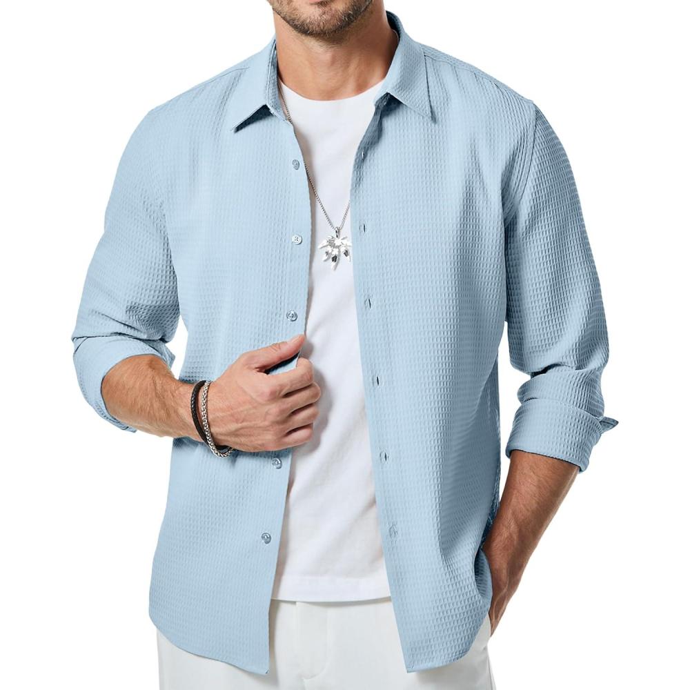imageJMIERR Mens Shirt Waffle Button Down Shirts Long Sleeve Casual Work Dress ShirtB Light Blue