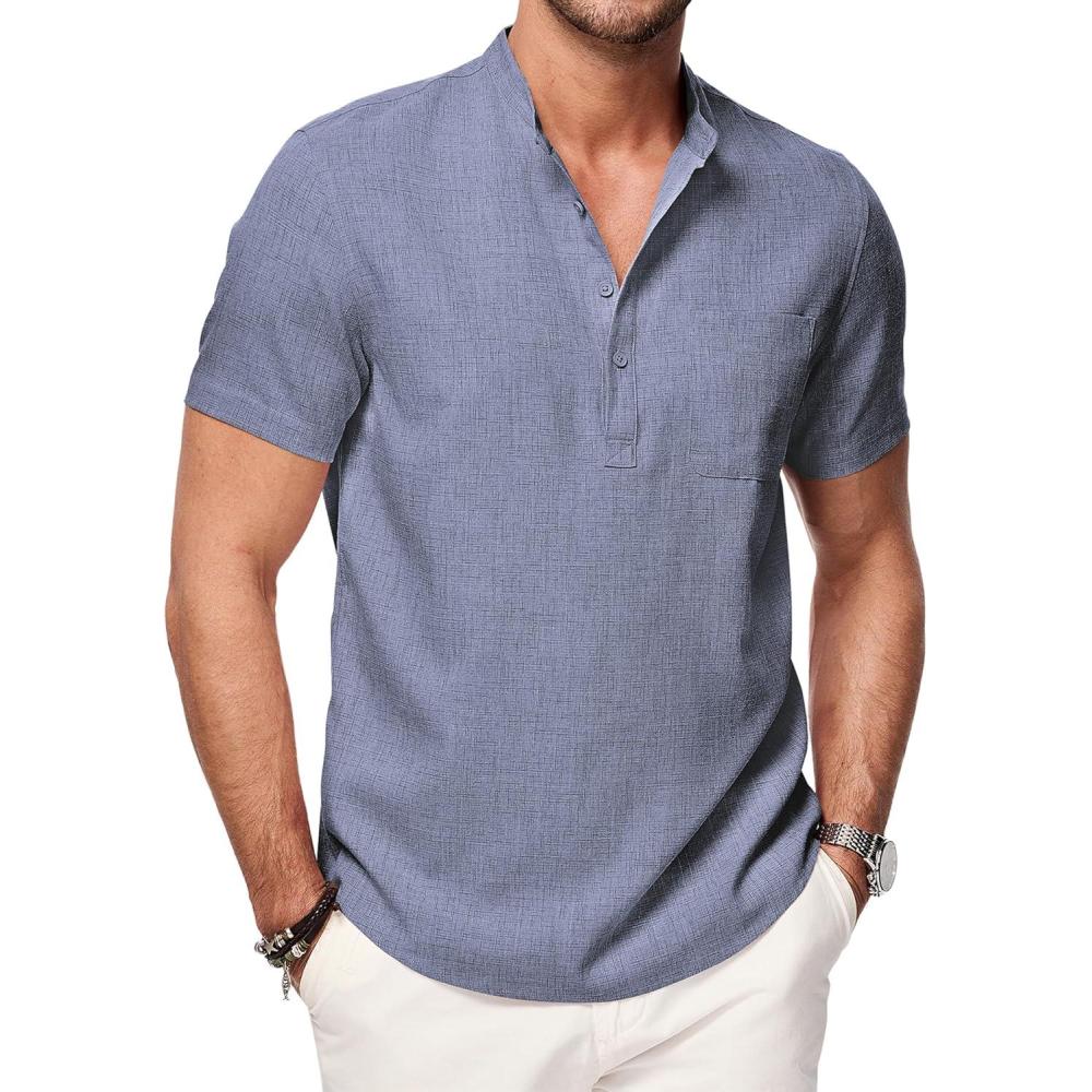 imageJMIERR Mens Short Sleeve Linen Henley Shirts Casual Button Down Shirt Summer Beach Wear with PocketDirty Blue