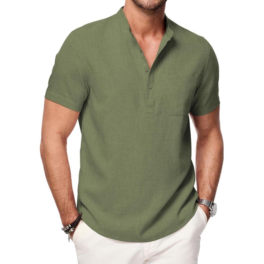 imageJMIERR Mens Short Sleeve Linen Henley Shirts Casual Button Down Shirt Summer Beach Wear with PocketFour Leaf Clover