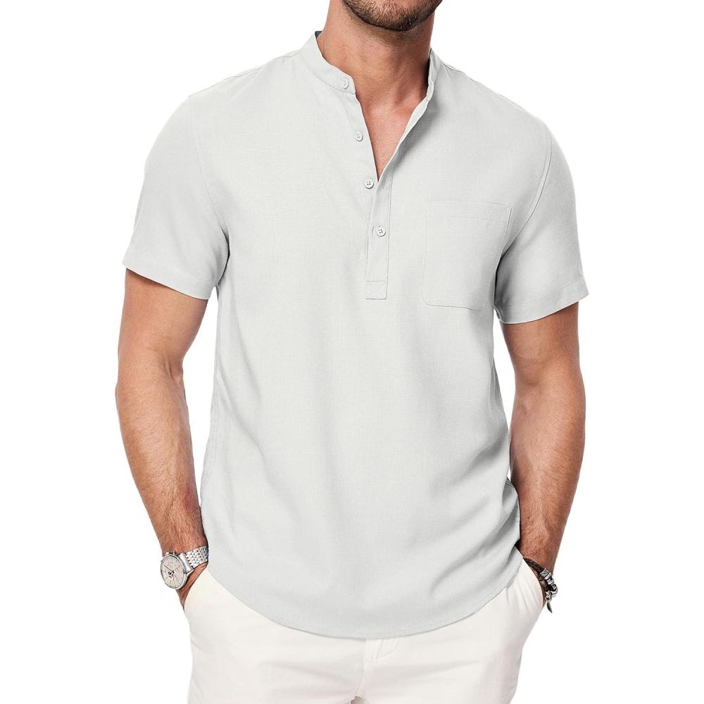 imageJMIERR Mens Short Sleeve Linen Henley Shirts Casual Button Down Shirt Summer Beach Wear with PocketWhite