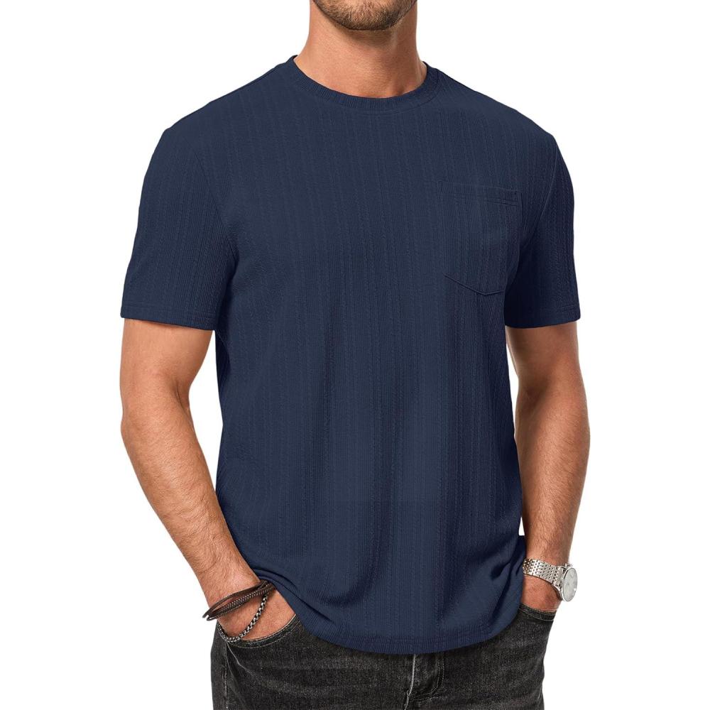 imageJMIERR Mens Short Sleeve Shirts Casual Crewneck Pullover TShirt Stretch Textured Tee Shirts with PocketBlue