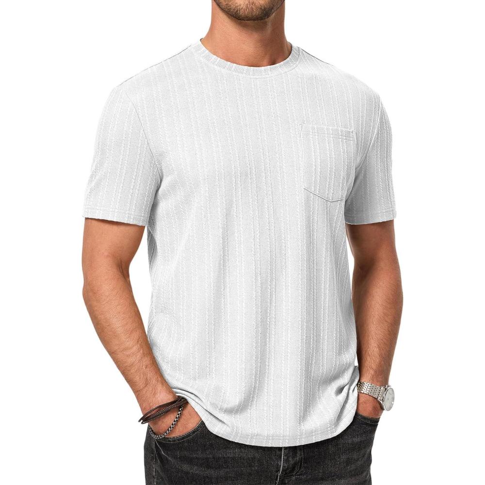 imageJMIERR Mens Short Sleeve Shirts Casual Crewneck Pullover TShirt Stretch Textured Tee Shirts with PocketWhite