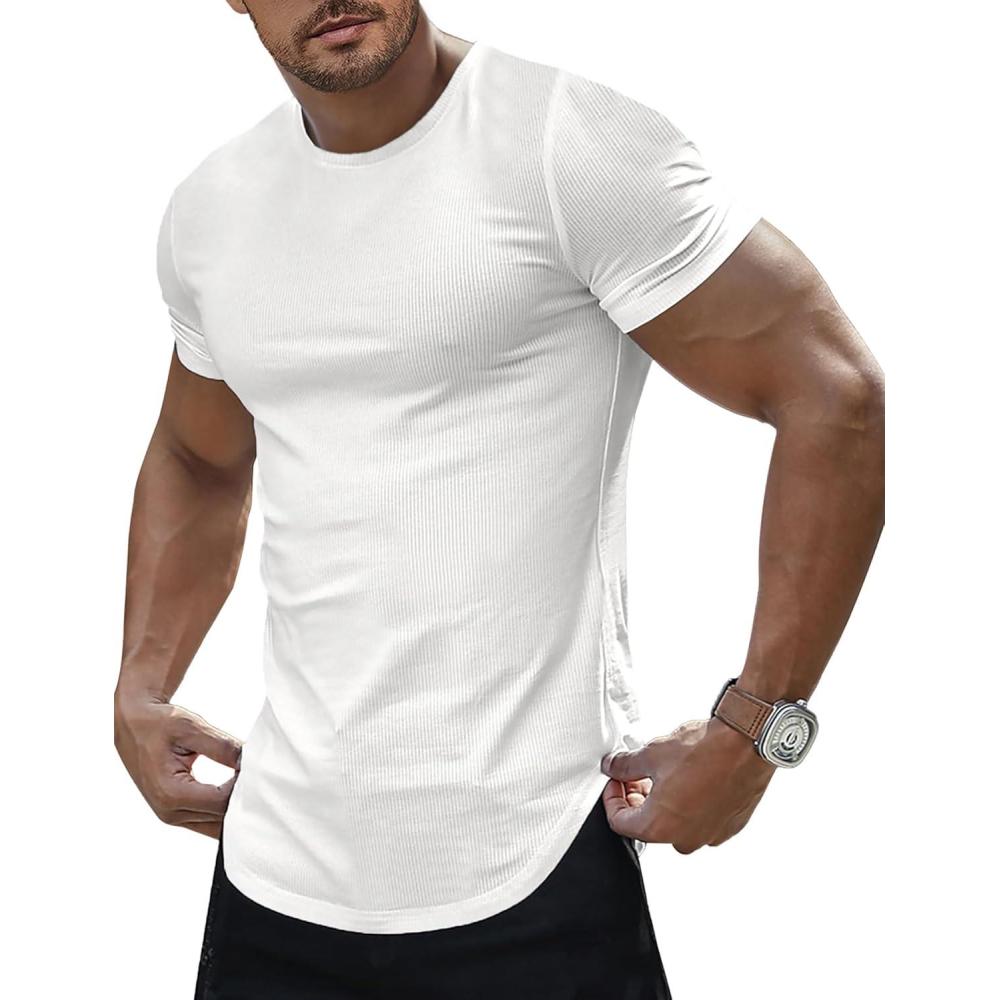 imageJMIERR Mens Short Sleeve T Shirt Summer Muscle Slim Fitted Crewneck Longline Tees Shirts for Gym Workout1 White