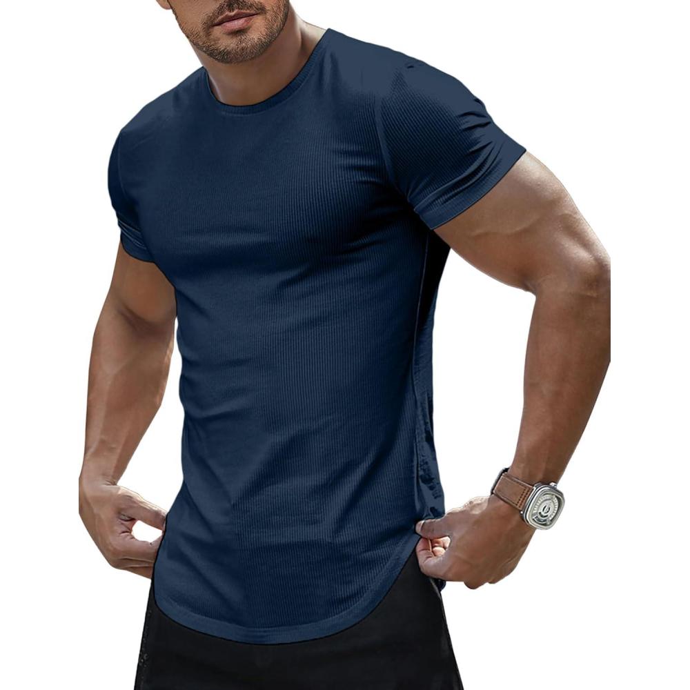 imageJMIERR Mens Short Sleeve T Shirt Summer Muscle Slim Fitted Crewneck Longline Tees Shirts for Gym WorkoutB Dark Blue