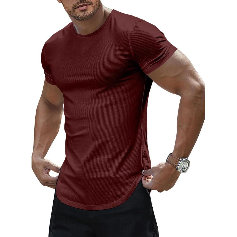 imageJMIERR Mens Short Sleeve T Shirt Summer Muscle Slim Fitted Crewneck Longline Tees Shirts for Gym WorkoutB Red