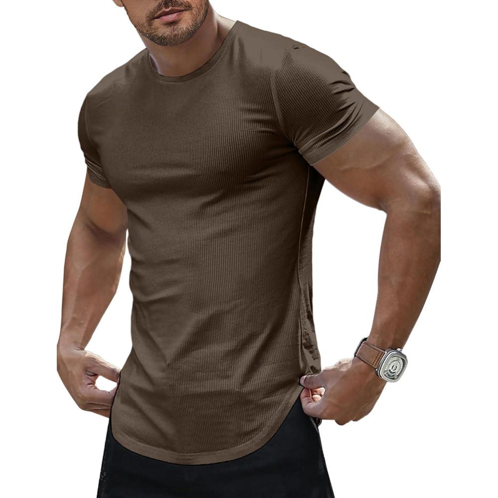 imageJMIERR Mens Short Sleeve T Shirt Summer Muscle Slim Fitted Crewneck Longline Tees Shirts for Gym WorkoutD Dark Brown