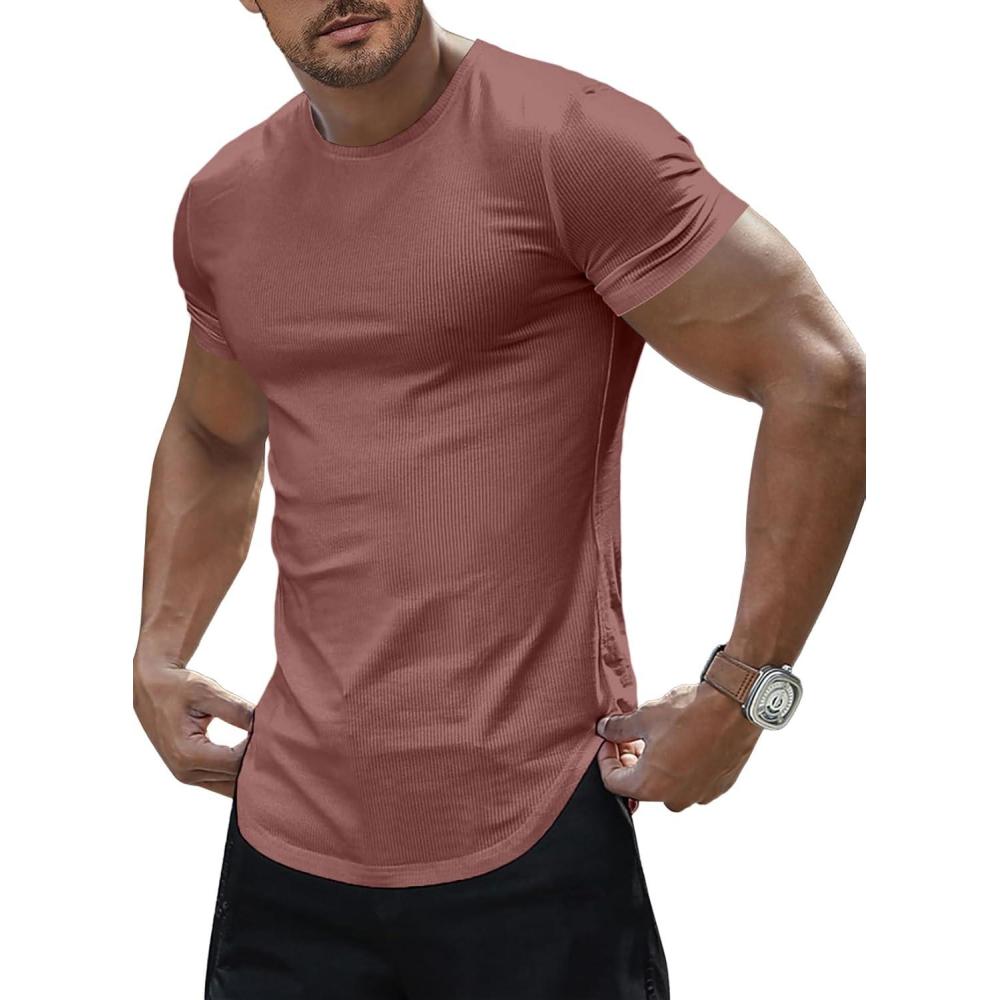 imageJMIERR Mens Short Sleeve T Shirt Summer Muscle Slim Fitted Crewneck Longline Tees Shirts for Gym WorkoutD Light Red