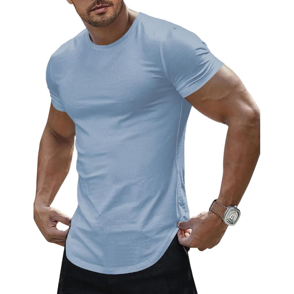 imageJMIERR Mens Short Sleeve T Shirt Summer Muscle Slim Fitted Crewneck Longline Tees Shirts for Gym WorkoutF Blue