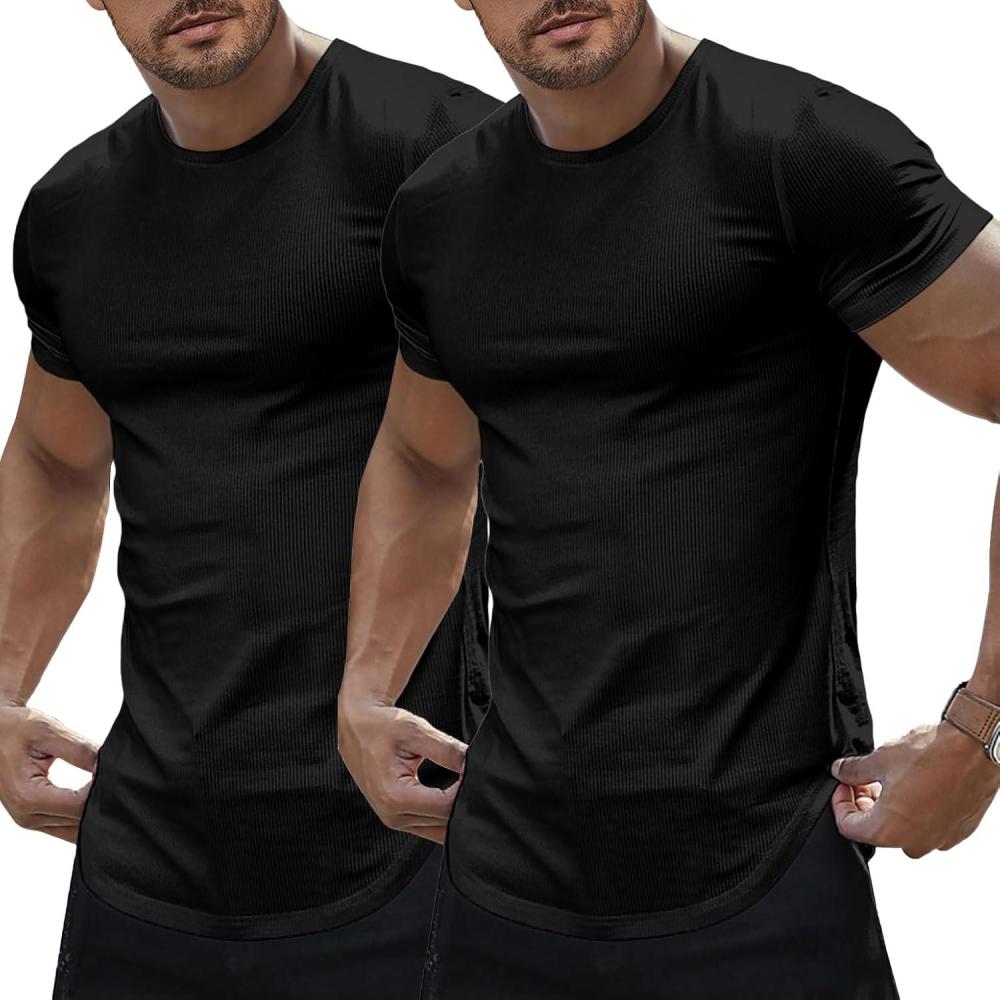 imageJMIERR Mens Short Sleeve T Shirt Summer Muscle Slim Fitted Crewneck Longline Tees Shirts for Gym WorkoutPack Black