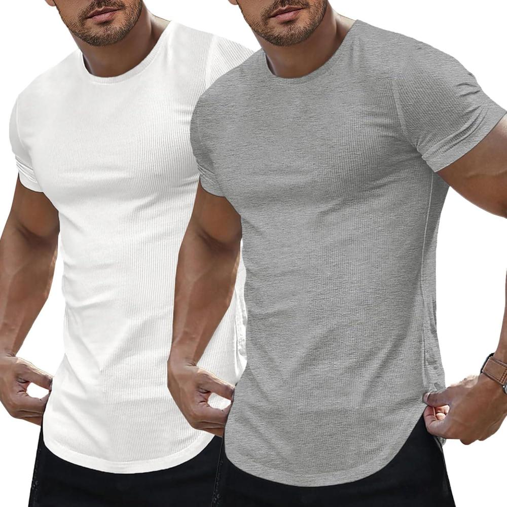 imageJMIERR Mens Short Sleeve T Shirt Summer Muscle Slim Fitted Crewneck Longline Tees Shirts for Gym WorkoutPack Whitegrey