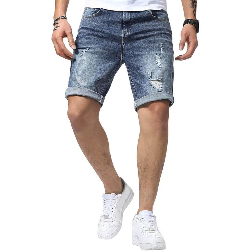 imageJMIERR Mens Shorts Casual Denim Stretch Slim Fit Washed Distressed Rolled Ripped Jean Shorts for MenA Blue