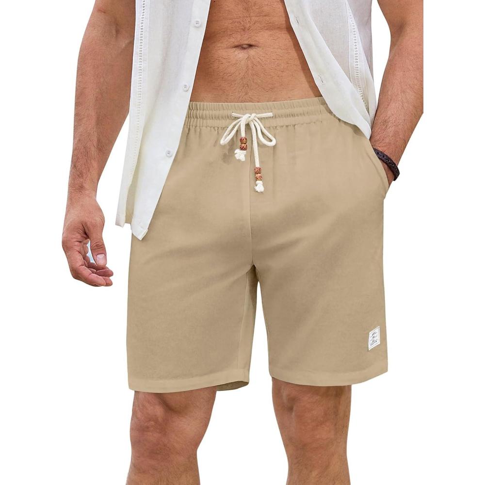 imageJMIERR Mens Shorts Linen Cotton 7quot Casual Elastic Waist Drawstring Lightweight Summer Beach Shorts with PocketsA1 Khaki