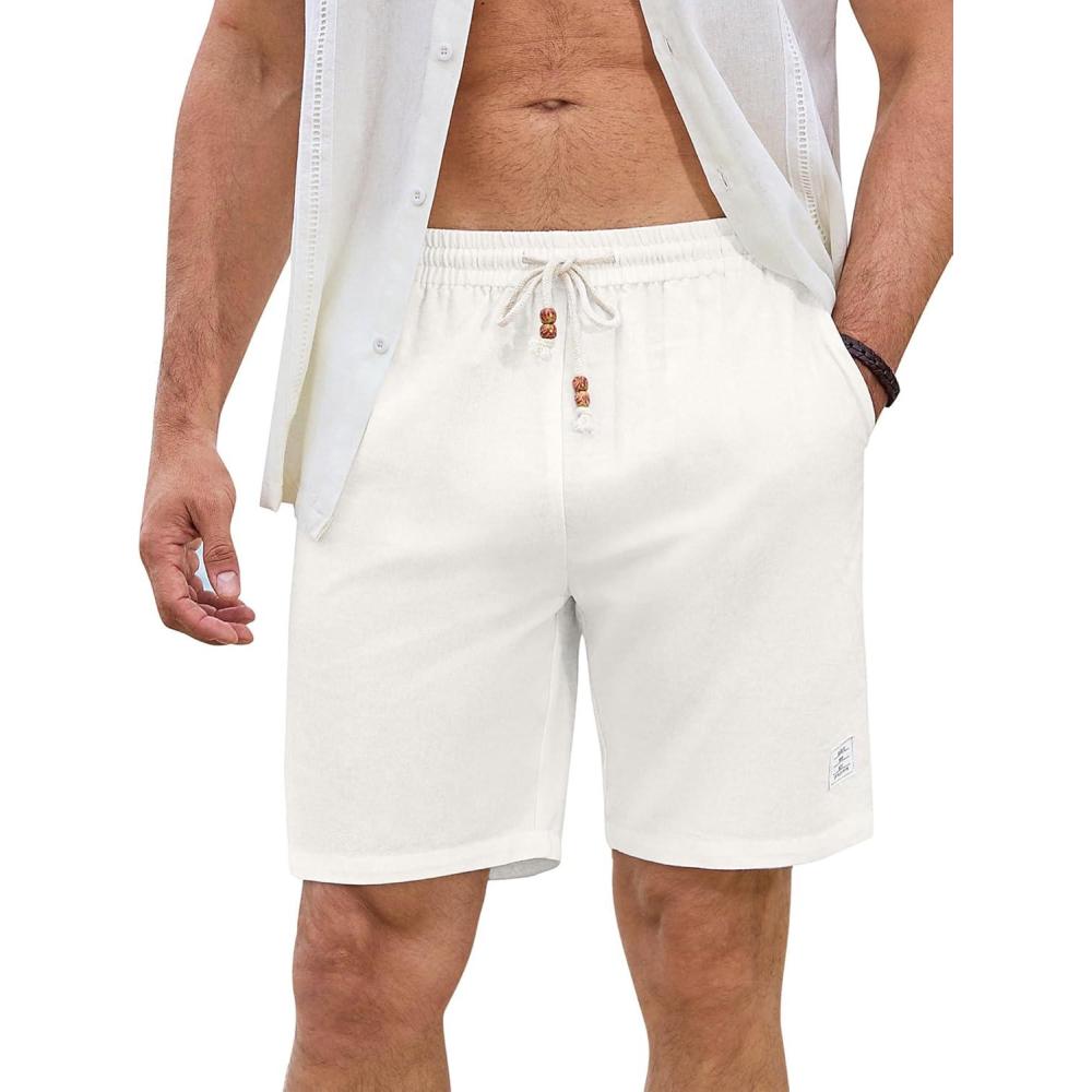 imageJMIERR Mens Shorts Linen Cotton 7quot Casual Elastic Waist Drawstring Lightweight Summer Beach Shorts with PocketsA2 White