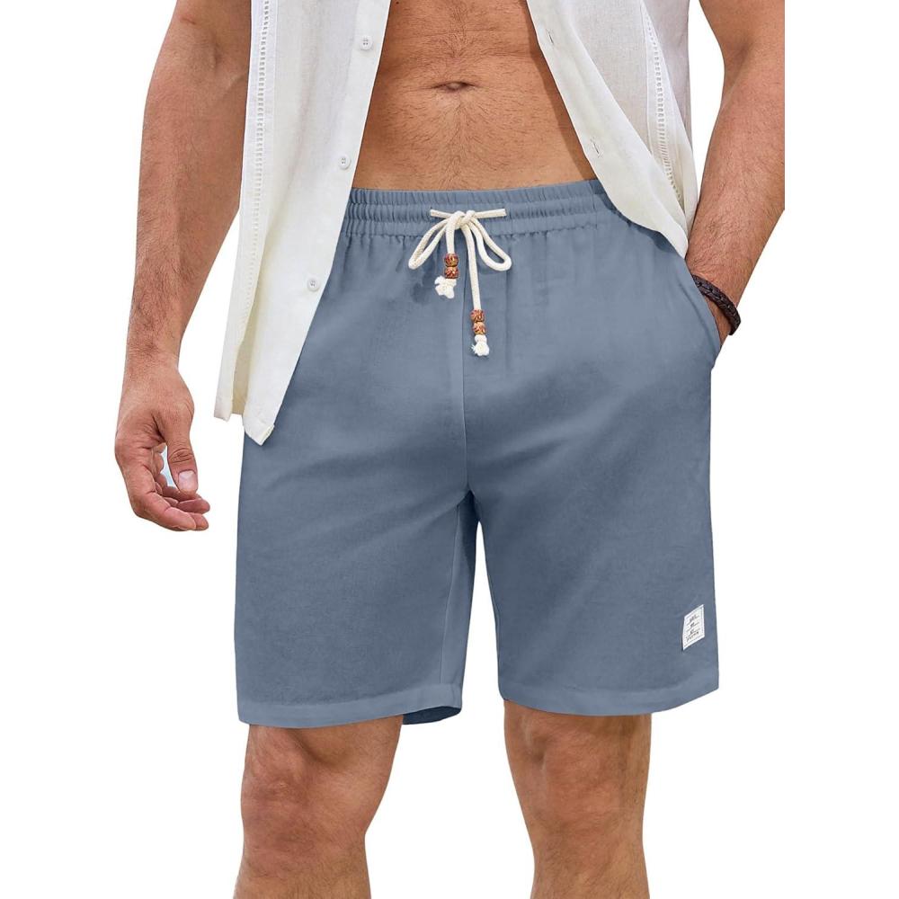 imageJMIERR Mens Shorts Linen Cotton 7quot Casual Elastic Waist Drawstring Lightweight Summer Beach Shorts with PocketsBlue