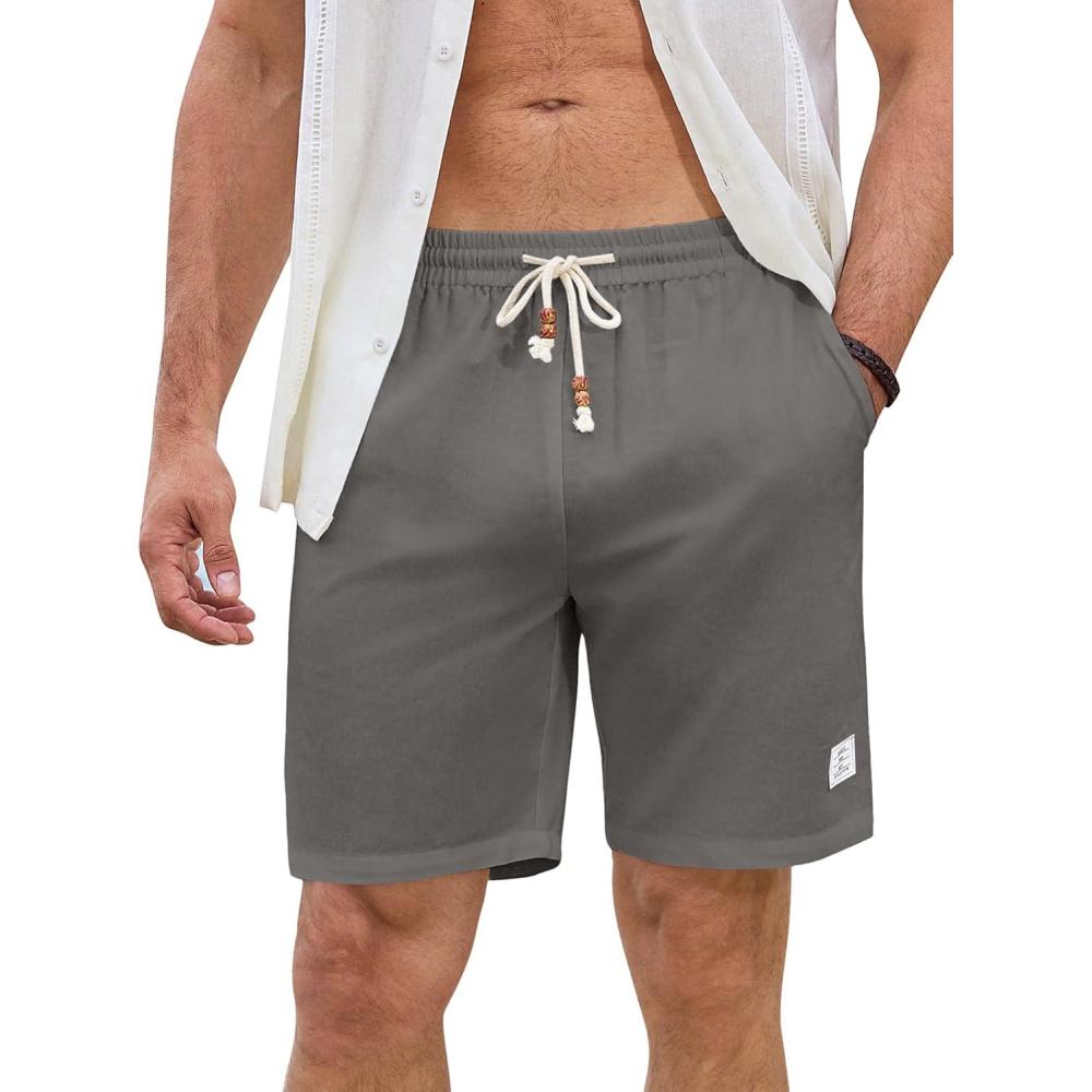 imageJMIERR Mens Shorts Linen Cotton 7quot Casual Elastic Waist Drawstring Lightweight Summer Beach Shorts with PocketsGrey