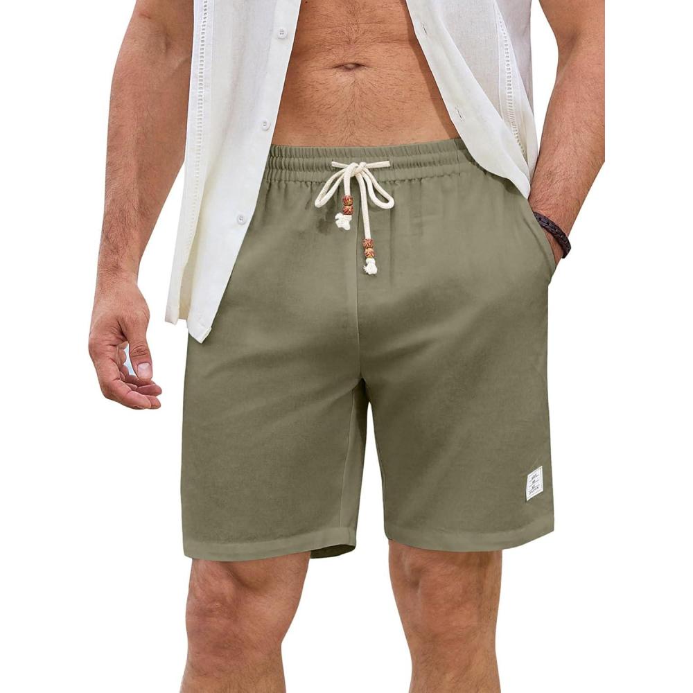 imageJMIERR Mens Shorts Linen Cotton 7quot Casual Elastic Waist Drawstring Lightweight Summer Beach Shorts with PocketsLaurel Green