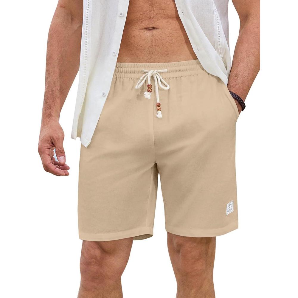 imageJMIERR Mens Shorts Linen Cotton 7quot Casual Elastic Waist Drawstring Lightweight Summer Beach Shorts with PocketsParchment