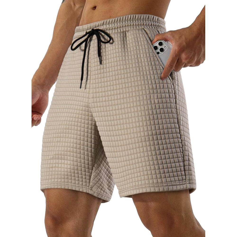 imageJMIERR Mens Sweat Shorts Casual Stretch Elastic Waist Waffle Workout Gym Short 7 inch Inseam Running Short with PocketKhaki