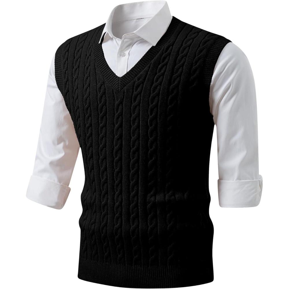 imageJMIERR Mens Sweater Vests Causal Sleeveless Cable Striped Knit V Neck PulloverBlack