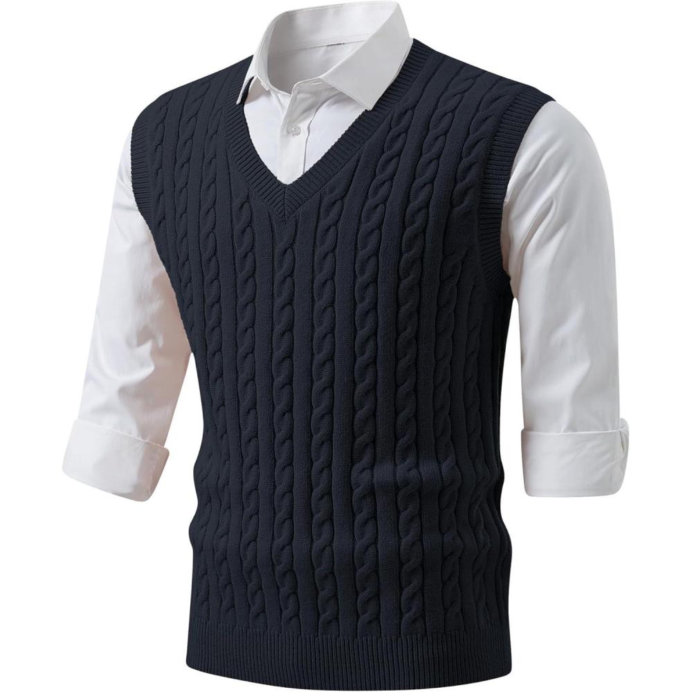 imageJMIERR Mens Sweater Vests Causal Sleeveless Cable Striped Knit V Neck PulloverDark Grey
