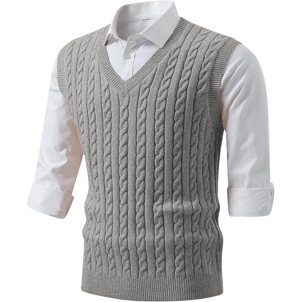 imageJMIERR Mens Sweater Vests Causal Sleeveless Cable Striped Knit V Neck PulloverGray