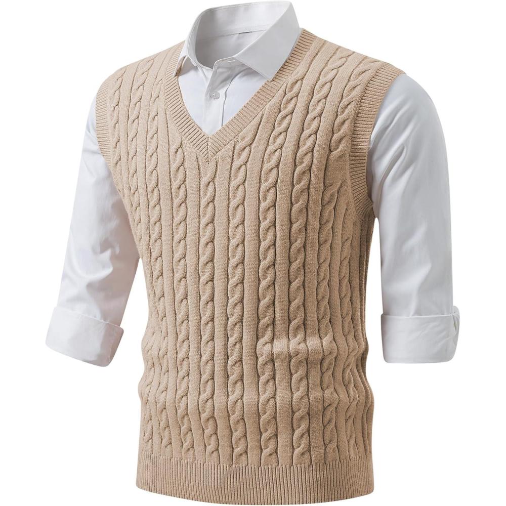 imageJMIERR Mens Sweater Vests Causal Sleeveless Cable Striped Knit V Neck PulloverParchment